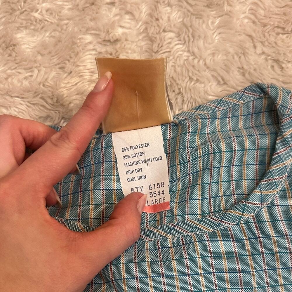 Deadstock Vintage 70s Blue Plaid Button Down Shirt Prarie Cottagecore Eber - Picture 4 of 6